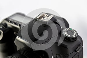 Professional dslr camera equipment with 70-300 mm tele zoom objective with wide camera lens in macro close-up view shows details