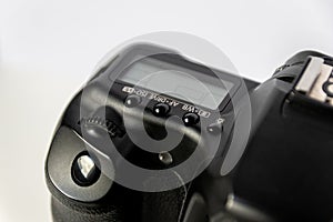 Professional dslr camera equipment with 70-300 mm tele zoom objective with wide camera lens in macro close-up view shows details