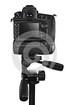 Professional DSLR camera on tripod isolated on a white background.