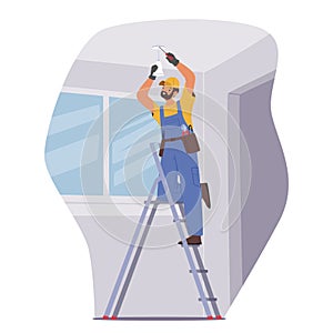 Professional Electrician Worker Character Installs A Ceiling Lamp At Home, Ensuring Proper Wiring And Fixture Placement