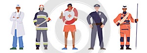 Professional emergency services as firefighter, police officer, lifesaver, doctor, electrician set