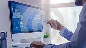 Photorealistic image of a professional participating in an online training session, visible presentation slides and focused setup photo