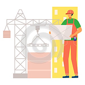 Professional engineer character hold structure house drawing, building site elevating crane flat vector illustration