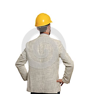 Professional engineer in hard hat isolated on white, back view
