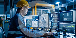 The professional engineer in a hard hat is working on the computer with multiple monitors in a large industrial plant control room