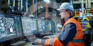 A professional engineer in an orange safety vest and white hard hat is sitting at the computer with multiple monitors displaying