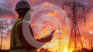 Engineer Inspecting Power Lines at Sunset. AI generated