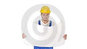 Professional engineer worker looking at blueprint on white background.