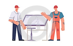 Professional engineers and contractors. Master foreman with helmet and diagram on table, construction worker, building