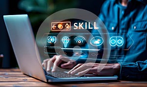 Professional enhances skill set using a laptop with a focus on talent development icons for career growth competency and learning