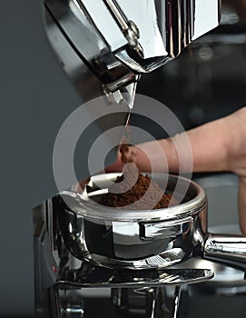 Professional espresso machine while preparing two espressos. Coffee machine. photo