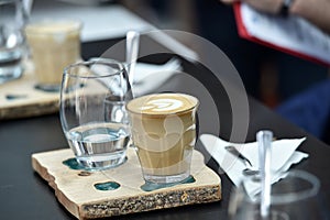 Professional espresso machine while preparing two espressos. Coffee machine.