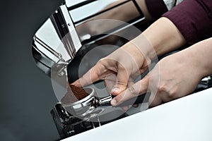 Professional espresso machine while preparing two espressos. Coffee machine.