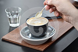 Professional espresso machine while preparing two espressos. Coffee machine.