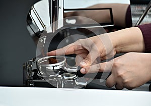 Professional espresso machine while preparing two espressos. Coffee machine. photo