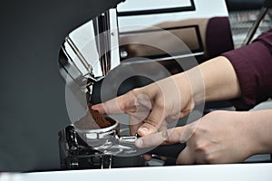 Professional espresso machine while preparing two espressos. Coffee machine.