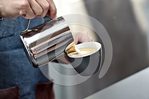 Professional espresso machine while preparing two espressos. Coffee machine.