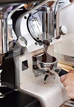 Professional espresso machine while preparing two espressos. Coffee machine.