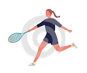 Professional female big tennis player hitting ball holding racket vector flat illustration. Active woman in sportswear