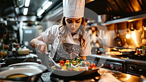 Professional female chef preparing colorful dish in restaurant kitchen