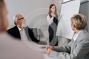 Professional female coach gives corporate presentation for businesspeople in office. Red-haired businesswoman presents