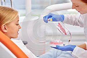 Professional female Dentist and child patient discussing teeth maket, dental jaw