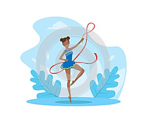 Professional Female Gymnasts Doing Rhythmic Gymnastics with Ribbon Vector Illustration