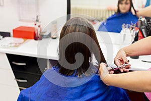 Professional female hairdresser cutting girl`s hair in salon