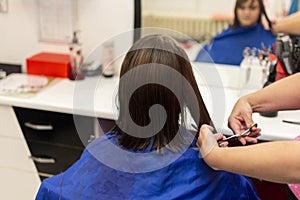 Professional female hairdresser cutting girl& x27;s hair in salon