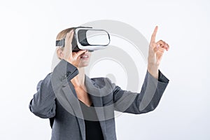 Smart leader touching at program or working while using VR glasses. Contraption.