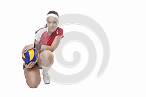 Professional Female Volleyball Player Sitting With Ball. Isolate