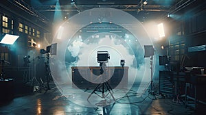 Professional film set with modern lighting equipment and atmospheric smoke. behind-the-scenes movie production