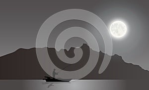 A Professional Fisherman Fishing Under The  Moonlight