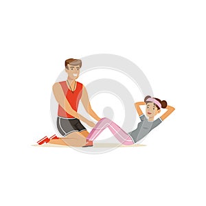 Professional fitness coach and young woman swinging a press, people exercising under control of personal trainer vector