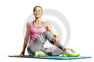 Professional fitness woman working out and stretching isolated on white background