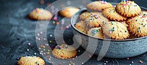 Professional food photography of frosted sugar cookies adorned with a variety of colorful sprinkles
