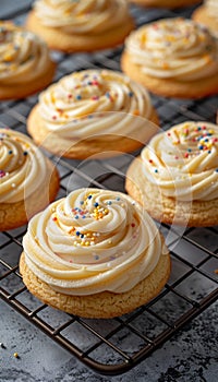 Professional food photography of frosted sugar cookies with colorful sprinkles for enticing visuals