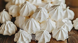Professional food photography of meringue cookies elegantly presented on a stylish kitchen table