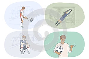 Professional football player, soccer ball and match concept