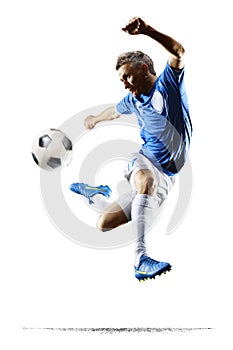 Professional football soccer player in action isolated white background