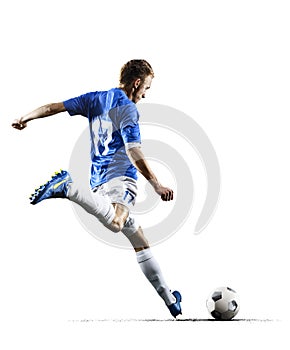 Professional football soccer player in action isolated white background