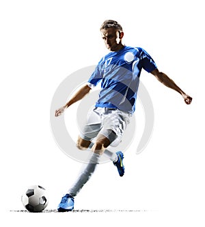 Professional football soccer player in action isolated white background