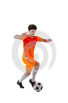 Professional football, soccer player in motion isolated on white studio background. Concept of sport, match, active