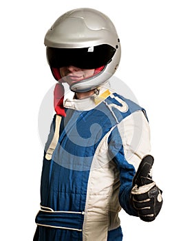 Professional formula pilot wearing a racing suit for motor sports. Thumbs up.