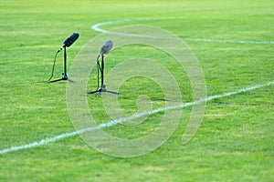 Professional furry microphone on soccer field