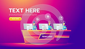 Professional gamers team with headsets at the table at computer playinng video games. E-sports team concept. Team banner