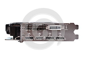 Professional gaming graphic card, connectors panel front view, isolated on white.