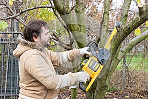 Professional gardener cuts branches on a tree, with using electric battery powered chain saw. Season pruning. Trimming trees with