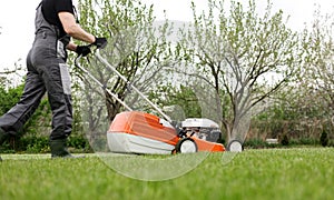 Professional gardener in protective apparel is mowing green grass lawn using modern gasoline cordless lawnmower at