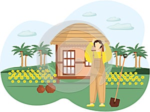 Professional gardener works in garden. Farmer works in field. Spring farm work in yard, agriculture